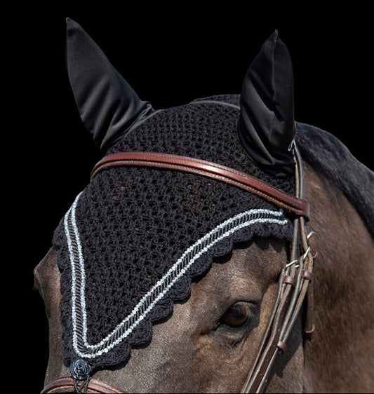 Tiedown Bonnets - Full - Black Base/Black Scallops/2 silver Crystals/1 Black Piping