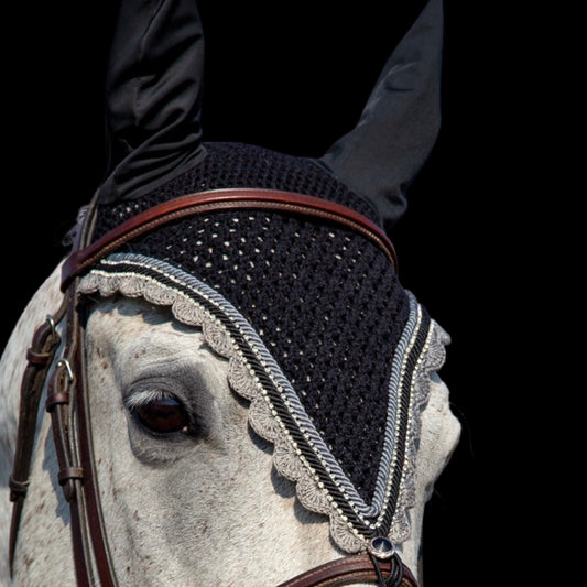 Tiedown Bonnets - Full - Black Base/Grey Scallops/3 Clear Bling/2 Piping