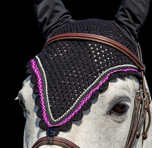Tiedown Bonnets - Full - Black Base/Black Scallops/Purple Ribbon/1 Clear Bling/1 Piping