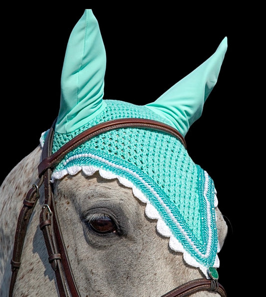 Tiedown Bonnets - Full - Aquamarine Base/White Scallops/1 White Pearl/2 Aquamarine Crystal/2 Piping