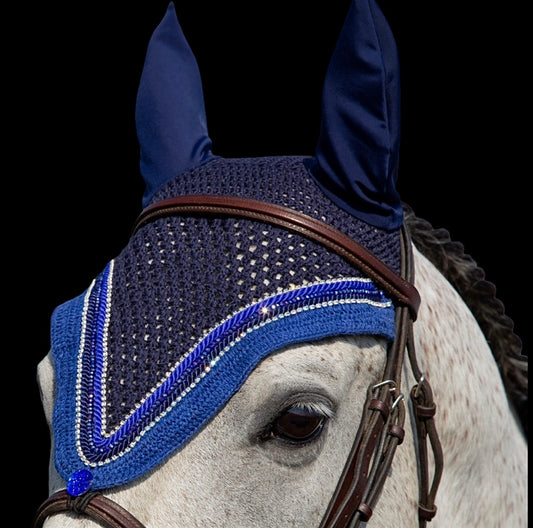 Tiedown Bonnets - Full - Navy Base/Blue Straight Edge/1 Blue Crystal/2 Clear Bling/2 Piping