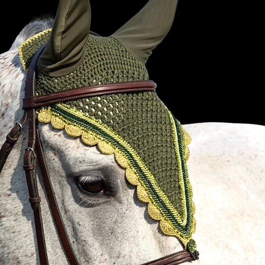 Tiedown Bonnets - Full - Dark Olive Base/Light Olive Scallops/2 Light Olive Crystals/1 Green Crystal/2 Piping