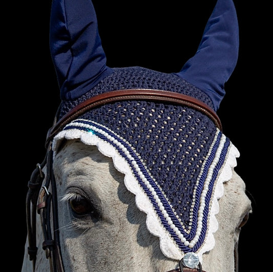 Tiedown Bonnets - Full - Navy Base/White Scallops/1 White Pearl/2 Clear Bling/2 Piping