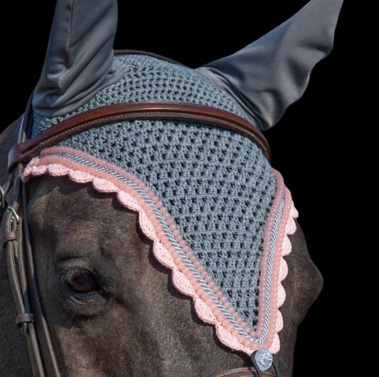 Tiedown Bonnets - Full - Grey Base/Light Pink Scallops/2 Light Pink Pearls/1 Piping