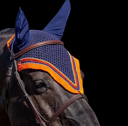 Tiedown Bonnets - Full - Navy Blue Base/Orange Straight Edge/1 Orange Crystal/2 Clear Crystal/ 2 Piping