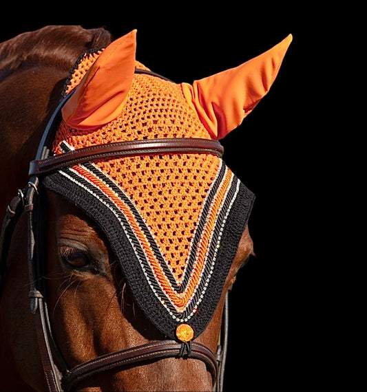 Tiedown Bonnets - Cob - Orange Base/Black Straight Edge/3 Clear Bling/2 Piping