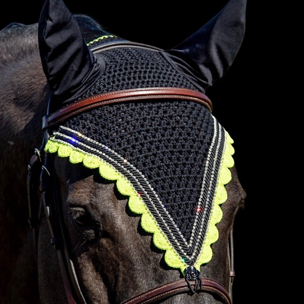Tiedown Bonnets - Full - Black Base/Neon Yellow Scallops/3 Clear Bling/2 Piping