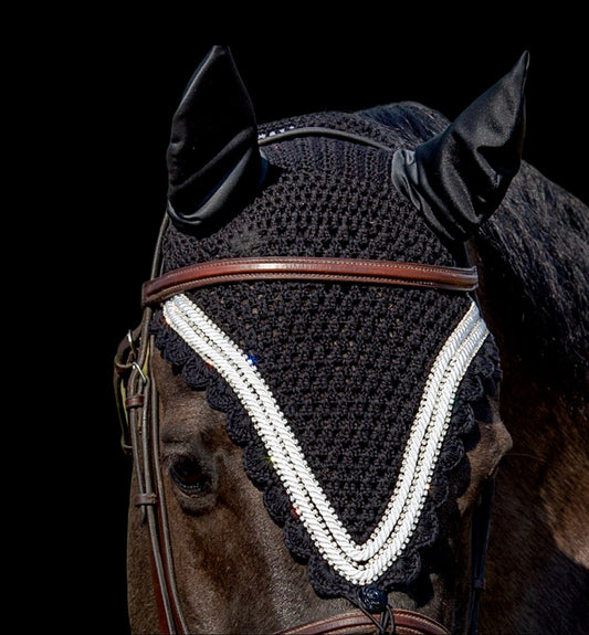 Tiedown Bonnets - Full - Black Base/Black Scallops/3 Clear Bling/2 Piping