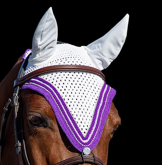 Tiedown Bonnets - Cob - White Base/Purple Straight Edge/White Crystal/2 Clear Bling/2 Piping gg