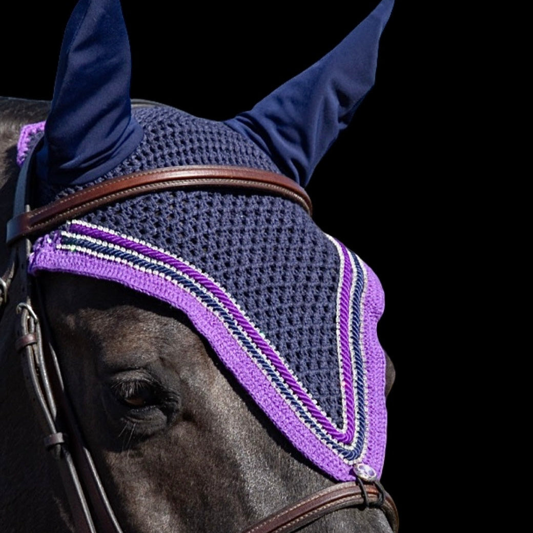Tiedown Bonnets - Full - Navy Blue Base/Purple straight Edge/3 Clear Bling/2 Piping