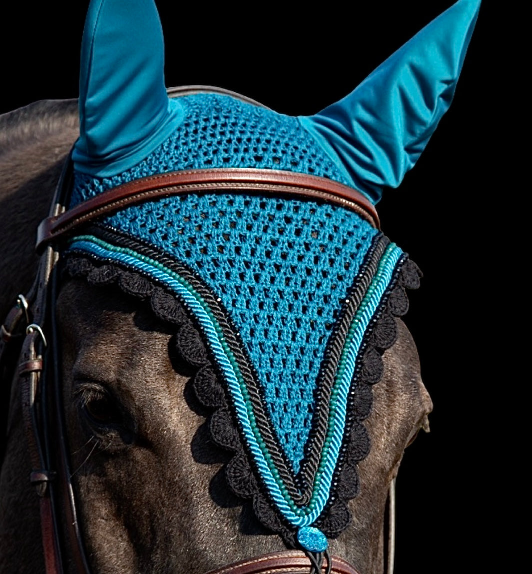 Tiedown Bonnets - Midnight Teal Base/Scalloped Edge/With Bling