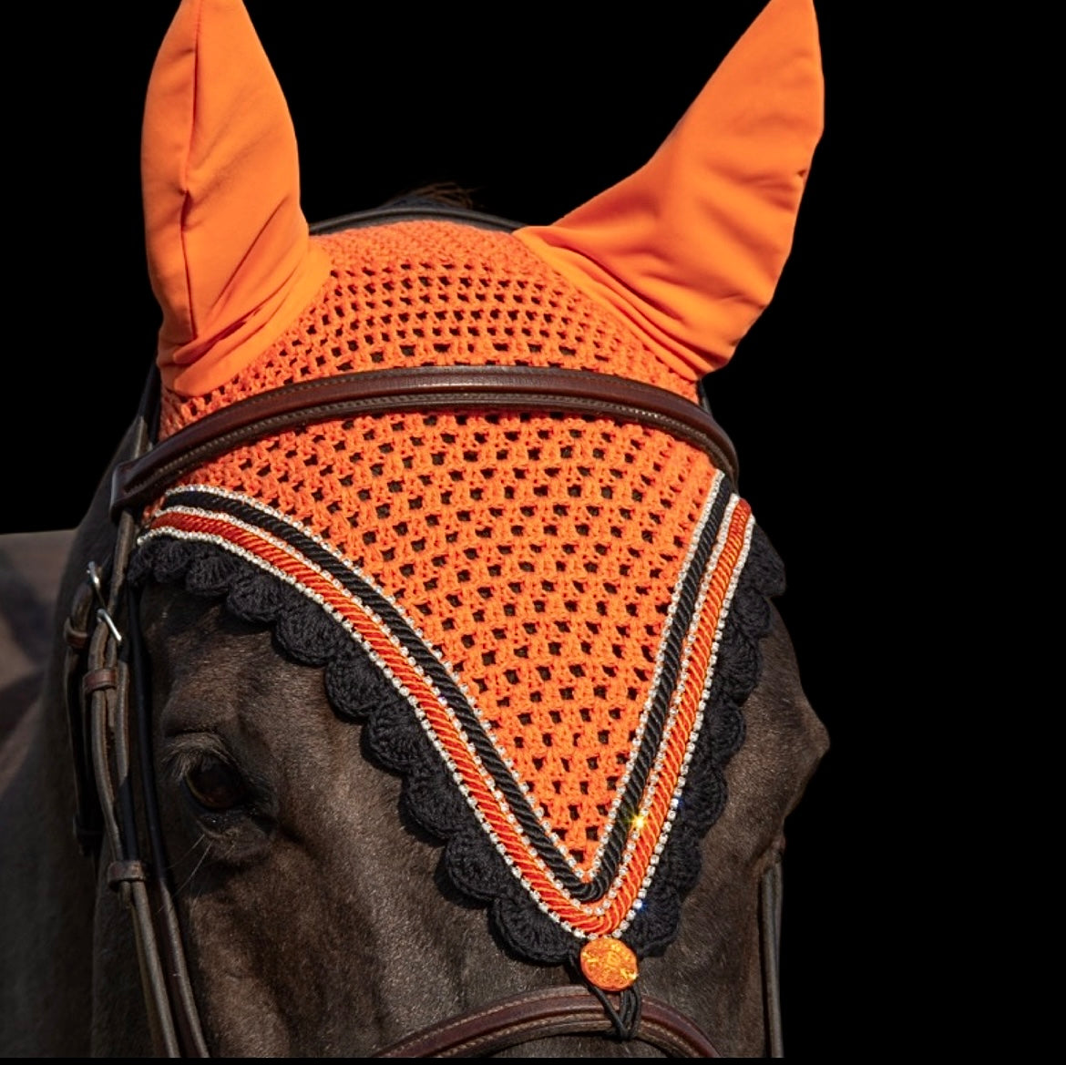 Tiedown Bonnets - Full - Orange Base/Black Scallops/3 Clear Bling/2 Piping