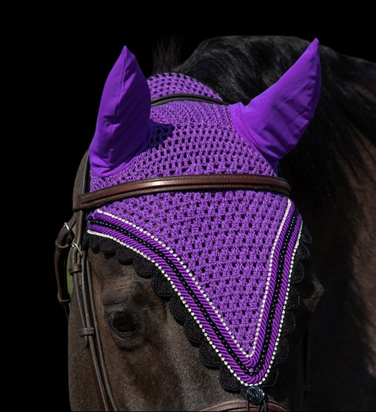 Tiedown Bonnets - Full - Purple Base/Black Scallop Edge/2 Clear Bling/1 Black Pearl/2 Piping