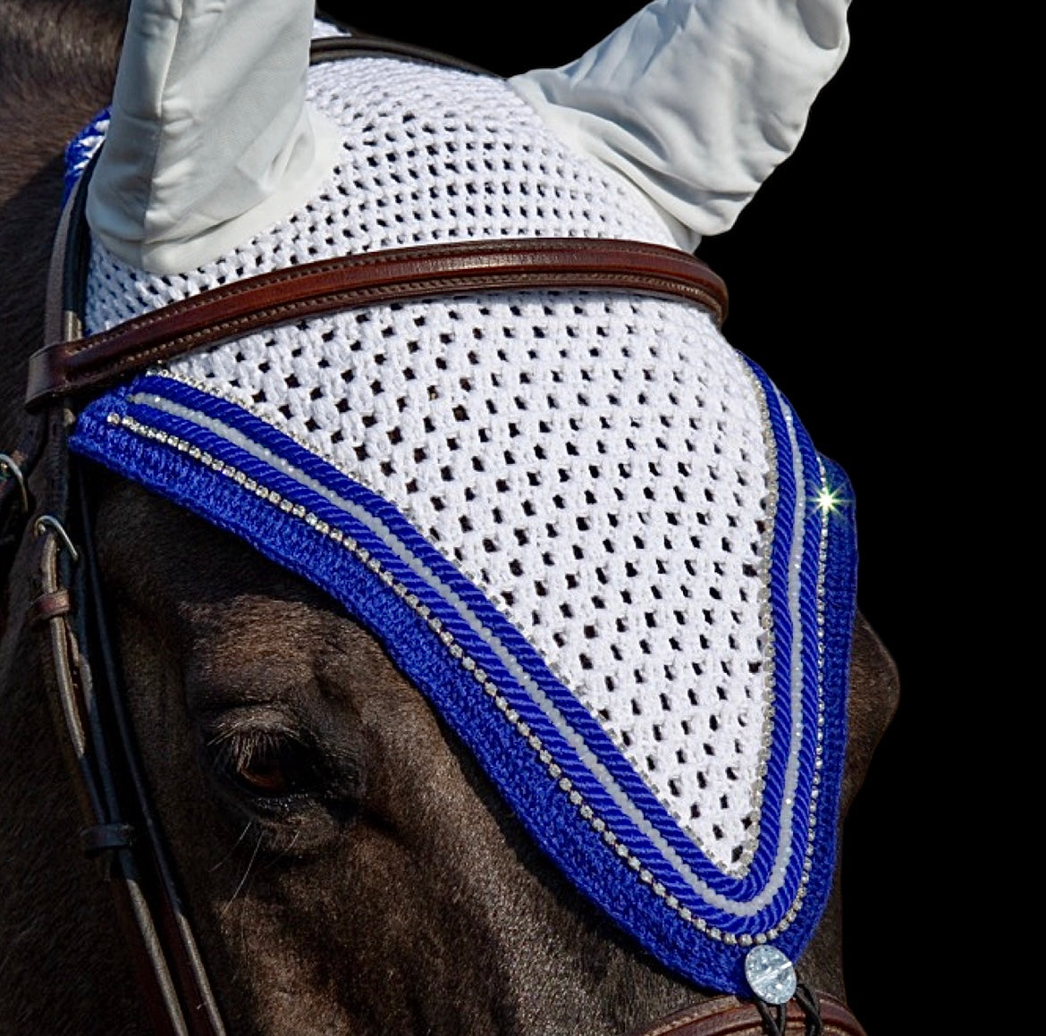 Tiedown Bonnets - Full - White Base/Royal Blue Straight Edge/1 White Crystal/2 Clear Bling/2 Piping