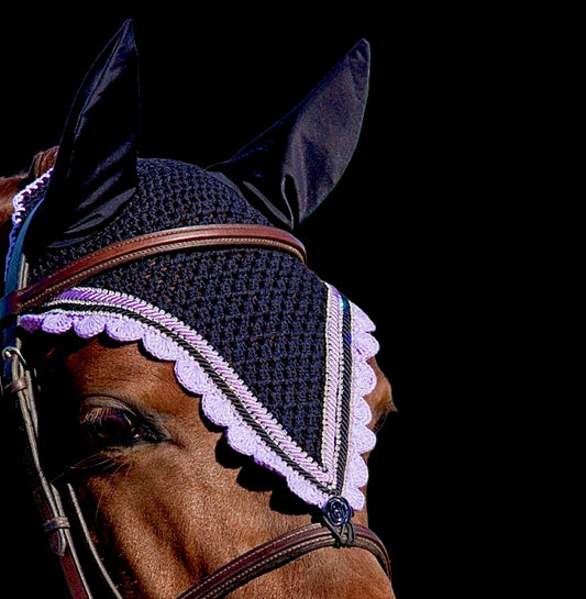 Tiedown Bonnets - Cob - Black Base/Lilac Scallops/3 Clear Bling/2 Piping