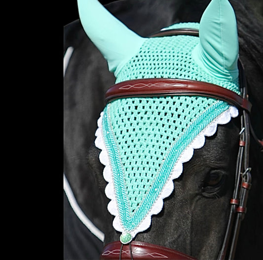 Tiedown Bonnets - Full - Aqua Marine Base/White Scallops/2 Clear Bling/1 Aqua Crystal/2 Aqua Marine Piping