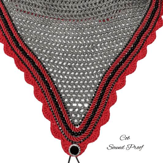 Soundproof - Tie Down Bonnets - Cob - Grey Base/Red Scallops/2 Black Bling/1 Black Pearl/2 Red Piping