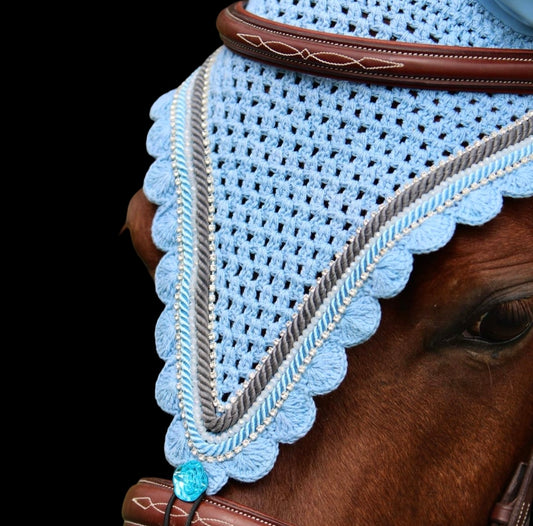 Tiedown Bonnets - Cob - Baby Blue Base/Baby Blue Scallops/2 Clear Bling/1 White Crystal/Grey and Baby Blue Piping