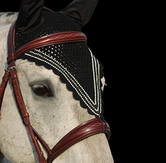 Tiedown Bonnets - Cob - Black Base/Black Scallops/3 Clear Bling/2 Black Piping