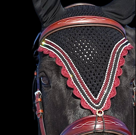 Tiedown Bonnets - Full - Black Base/Burgundy Scallops/3 Clear Bling/Black & Burgundy Piping