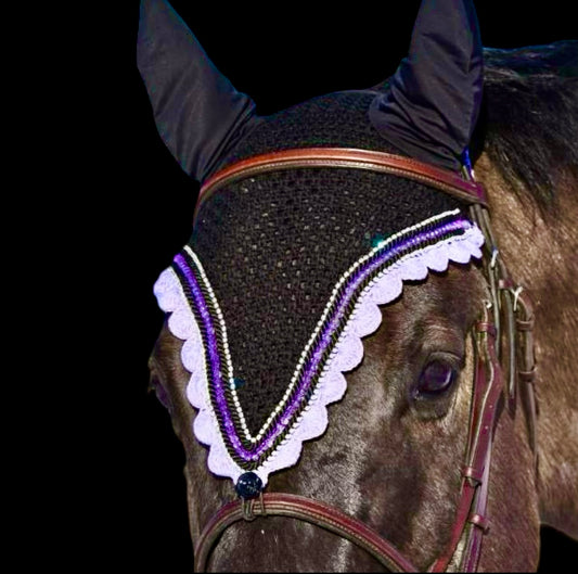 Tiedown Bonnets - Full - Black Base/Lilac Scallops/2 Clear Bling/1 Lilac Crystal/2 Black Piping