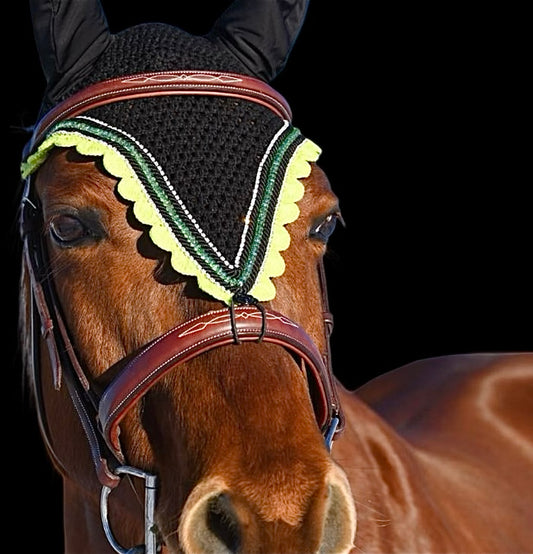 Tiedown Bonnets - Full - Black Base/Neon Scallops/Lime Crystal/2 Clear Bling/2 Black Piping