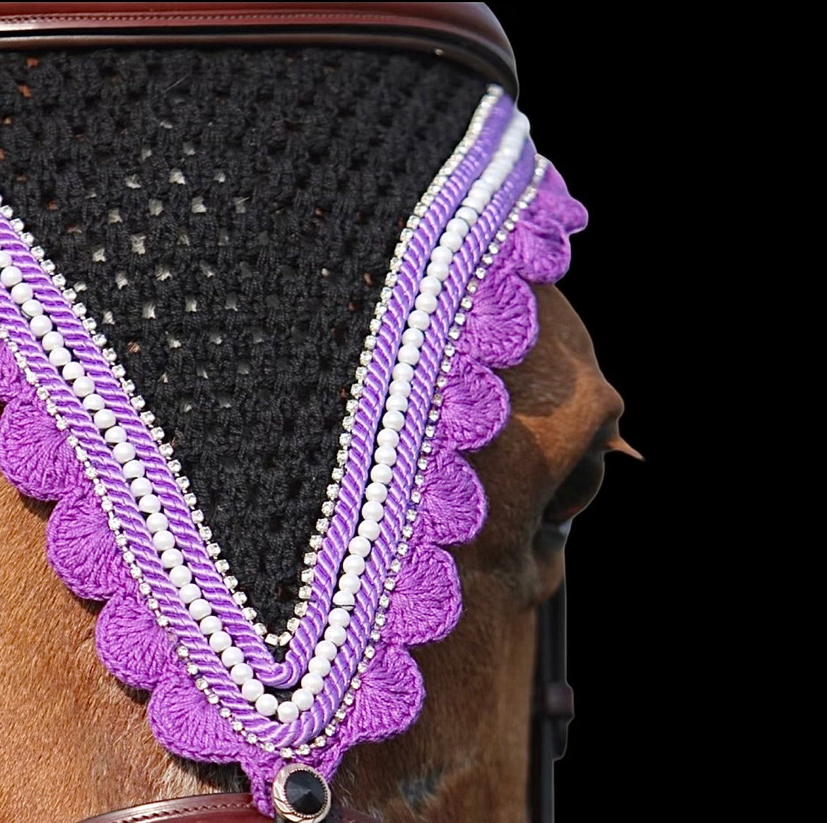 Tiedown Bonnets - Full - Black Base/Purple Scallops/2 Clear Bling/1 White Pearl/2 Purple Piping