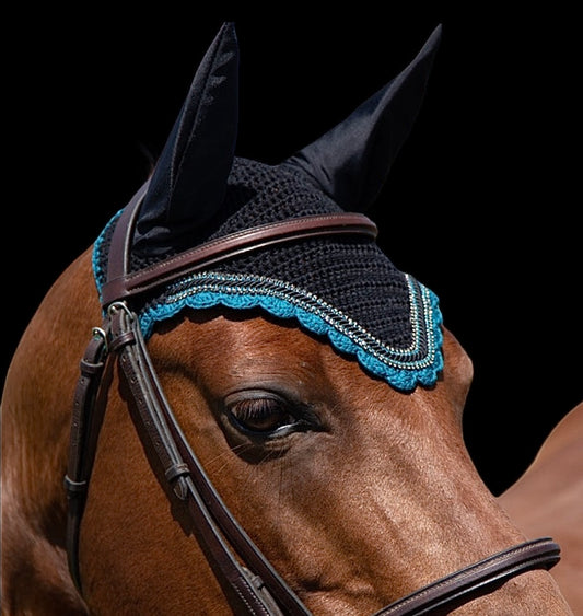 Classic Cut Bonnets - Cob - Black Base/Midnight Teal Scallop/2 Teal Bling/2 Grey Bling/ Black Piping