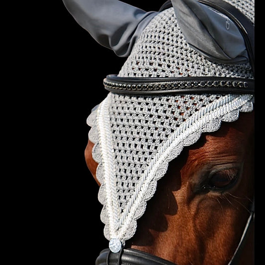 Tiedown Bonnets - Cob - Grey Base/Grey Scallops/3 Clear Bling/White & Grey Piping