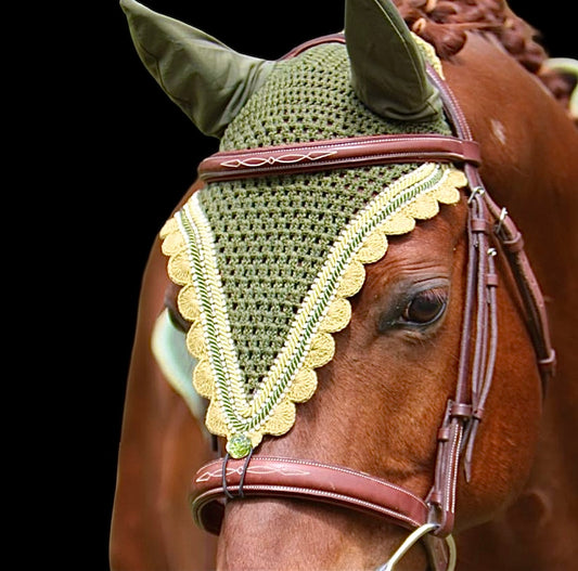 Tiedown Bonnets - Cob - Dark Olive Base/Olive Scallops/3 Clear Bling/Light and Dark Olive Piping