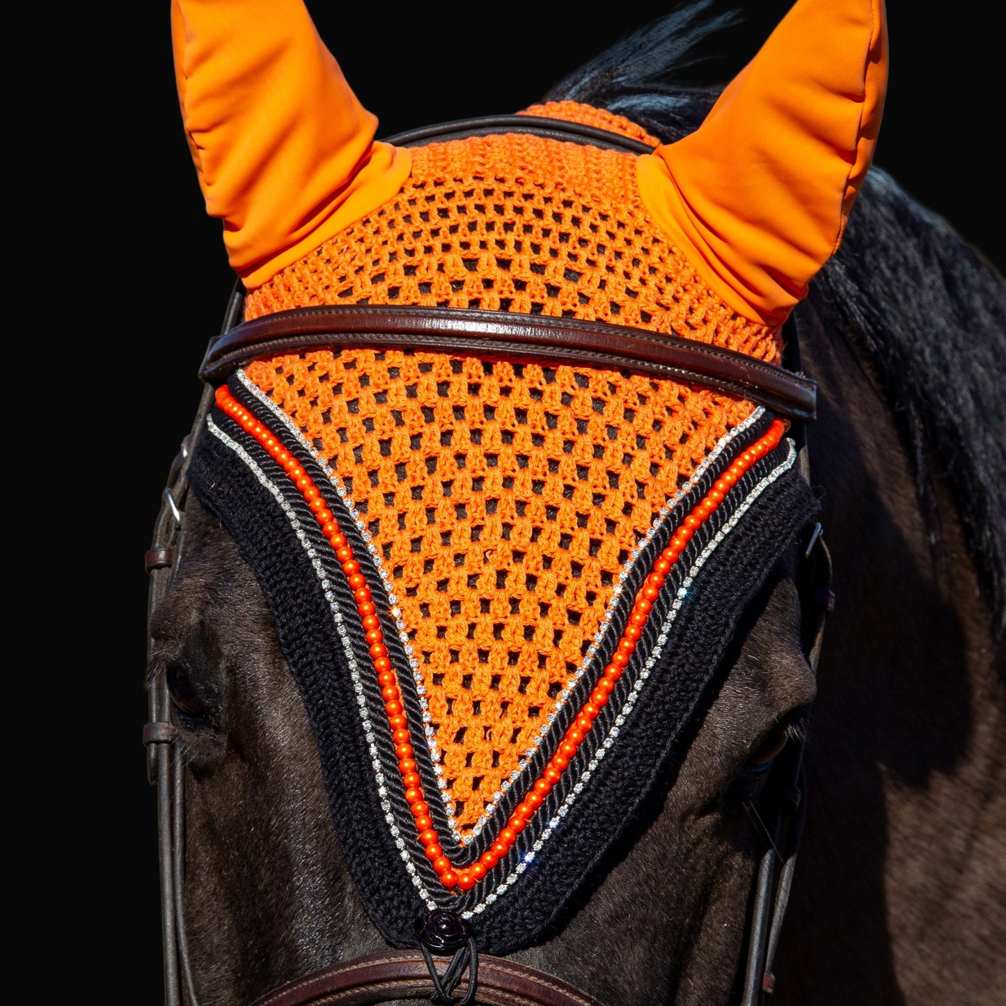 Tiedown Bonnets - Full - Orange base/Black Straight Edge/1 Orange Pearl/2 Clear Bling/2 Piping