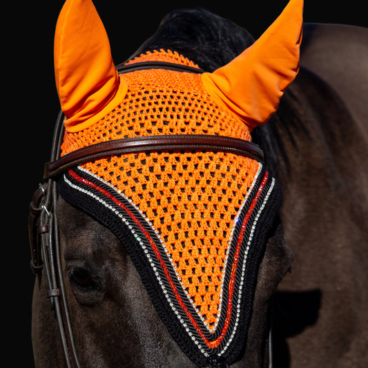 Tiedown Bonnets - Full - Orange Base/Black Straight Edge/1 Orange Crystal/2 Clear Bling/2 Piping