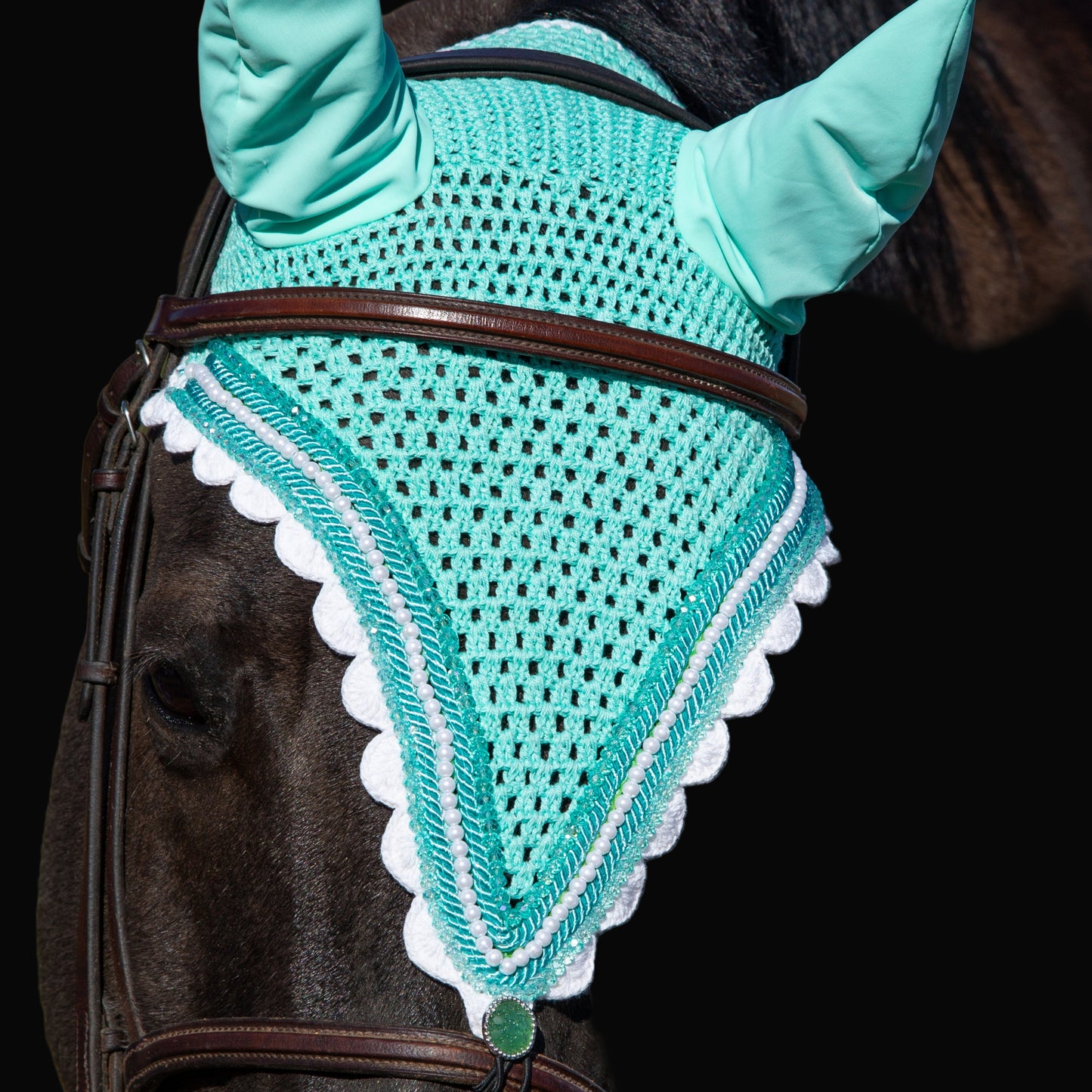 Tiedown Bonnets - Full - Aquamarine Base/White scallops/2 Aquamarine Crystals/1 White Pearl/2 piping