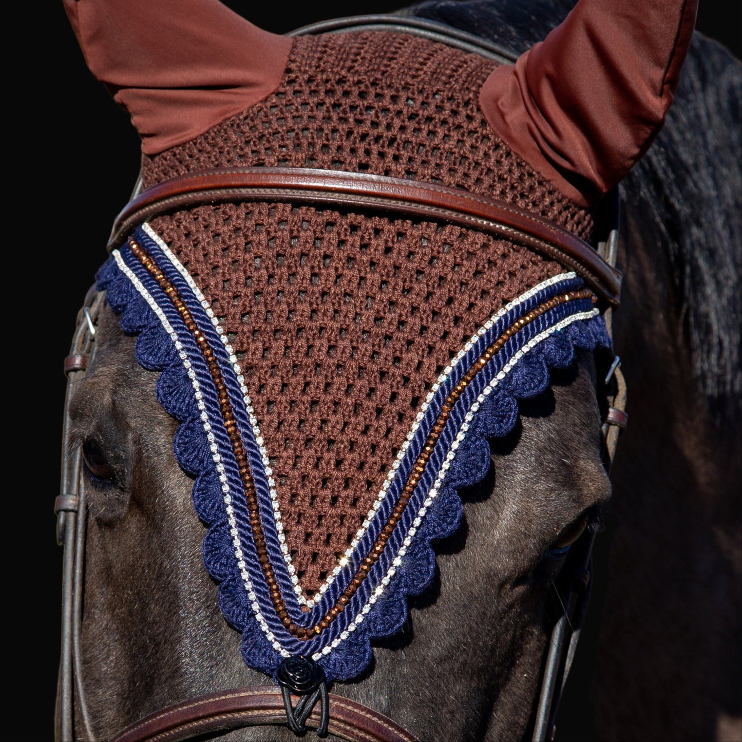 Tiedown Bonnets - Full - Brown Base/Navy Blue Scallops/1 Copper Crystal/2 Clear Bling/2 Piping