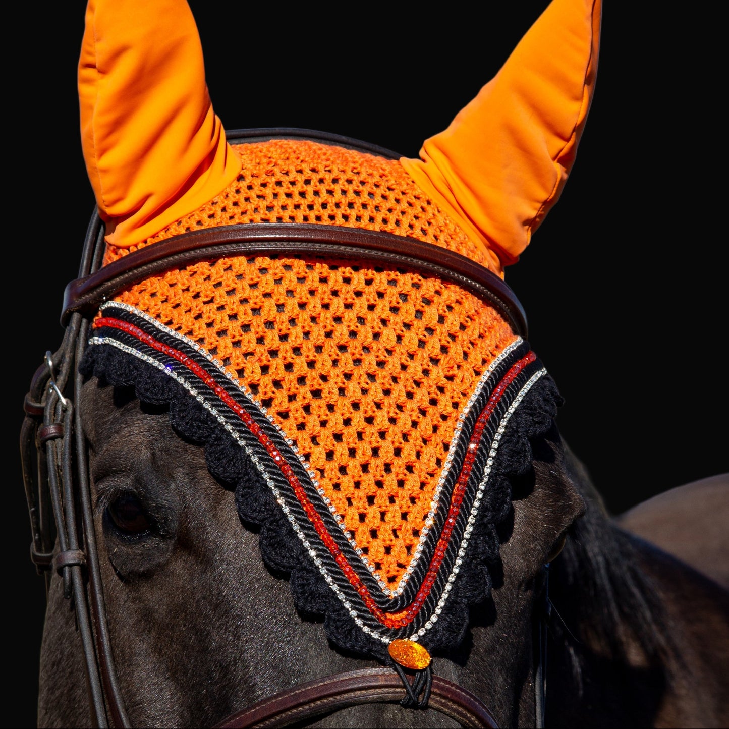 Tiedown Bonnets - Full - Orange Base/Black Scallops/1 Orange Crystal/2 Clear Bling/2 Piping