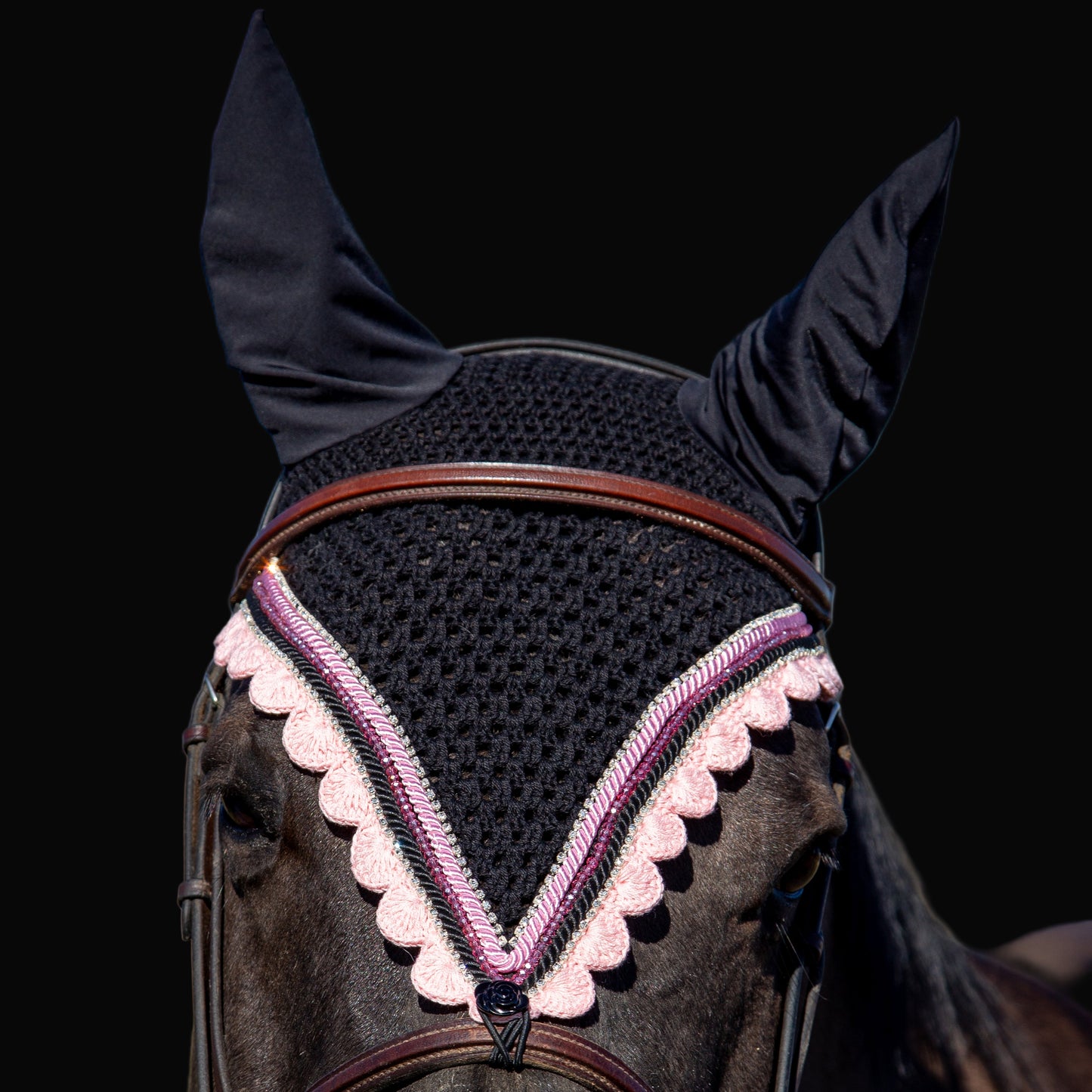 Tiedown Bonnets - Full - Black Base/Light Pink Scallops/2 Clear Bling/1 Dark Pink Crystal/2 Piping