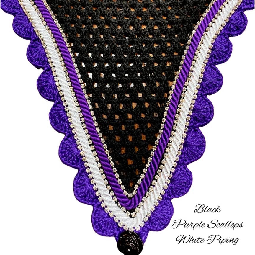 Tiedown Bonnets - Full - Black Base/Purple Scallops/3 Clear Bling/Purple & White Piping