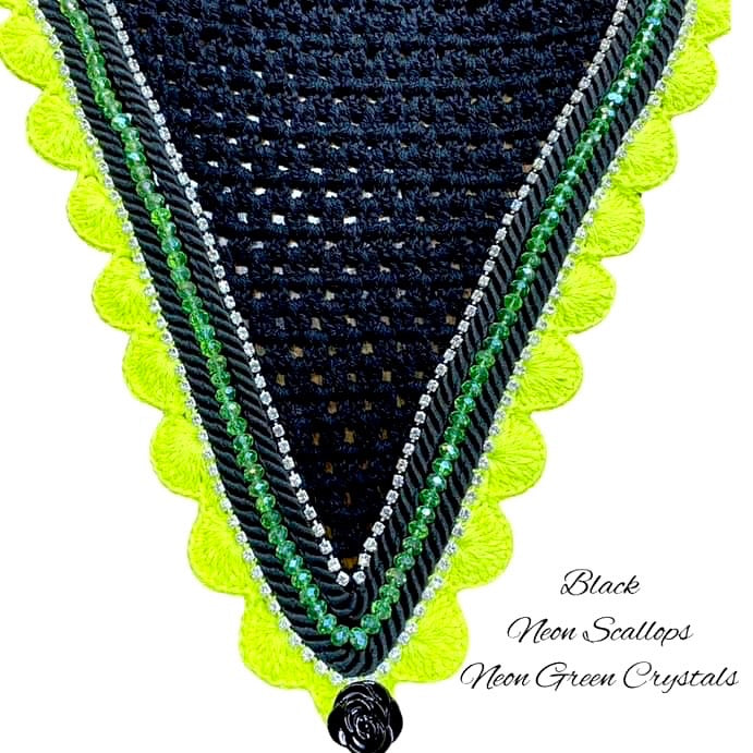 Tiedown Bonnets - Full - Black Base/Neon Scallops/Lime Crystal/2 Clear Bling/2 Black Piping