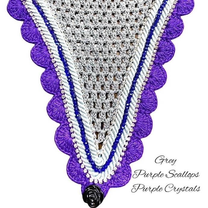 Tiedown Bonnets - Full - Grey Base/Purple Scallops/1 Purple Crystal/2 Clear Bling/2 Grey Piping