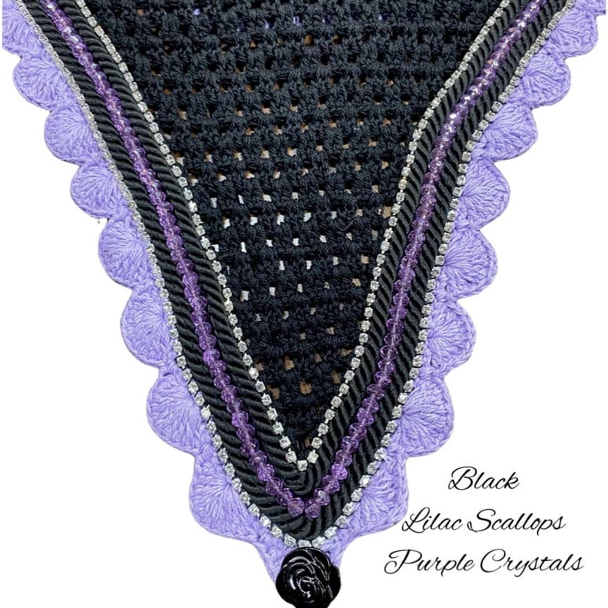 Tiedown Bonnets - Full - Black Base/Lilac Scallops/1 Purple Crystal/2 Clear Bling/2 Black Piping