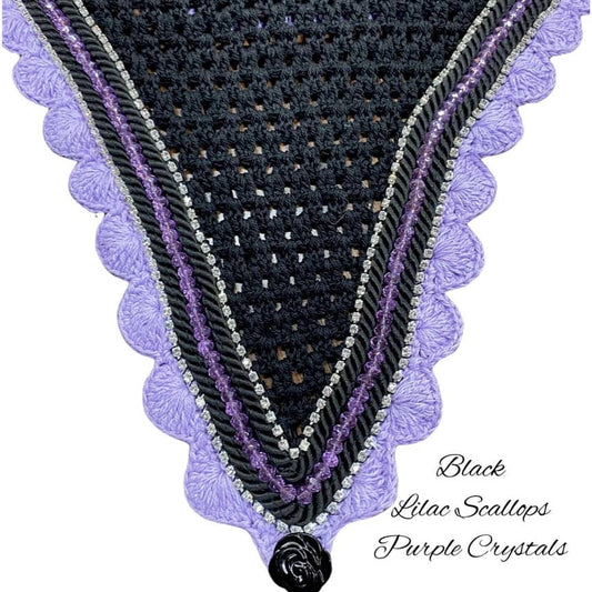 Tiedown Bonnets - Full - Black Base/Lilac Scallops/2 Clear Bling/1 Lilac Crystal/2 Black Piping