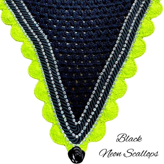 Tiedown Bonnets - Full - Black Base/Neon Scallops/3 Clear Bling/2 Black Piping