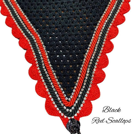 Tiedown Bonnets - Full - Black Base/Red Scallops/3 Clear Bling/Red & Black Piping