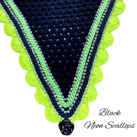 Tiedown Bonnets - Full - Black Base/Neon Scallops/3 Clear Bling/Neon & Black Piping