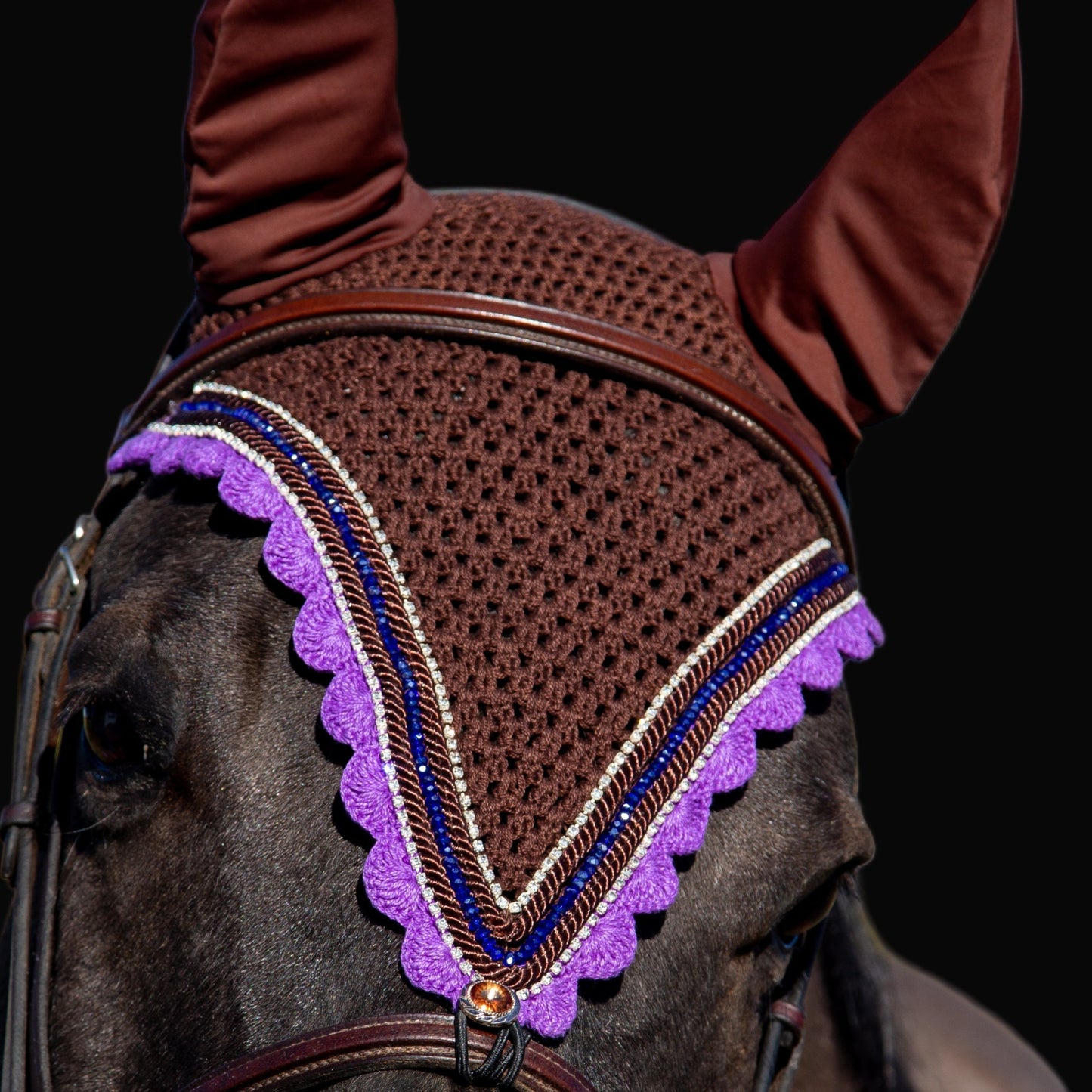Tiedown Bonnets - Full - Brown Base/Purple Scallops/1 Navy Blue Crystal/2 Clear Bling/2 Piping