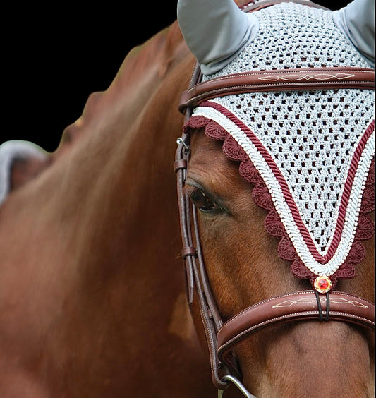 Tiedown Bonnets - Cob - Grey Base/Burgundy Scallops/3 Clear Bling/Burgundy and Grey Piping