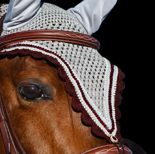 Tiedown Bonnets - Full - Grey Base/Burgundy Scallops/1 Burgundy Crystal/2 Clear Bling/2 Grey Piping