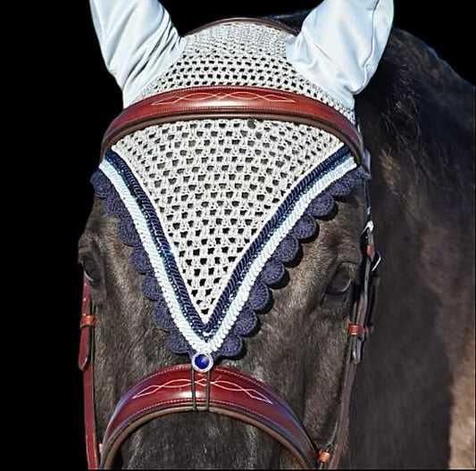 Tiedown Bonnets - Full - Grey Base/Navy Scallops/1 Navy Crystal/2 Clear Bling/Navy & Grey Piping