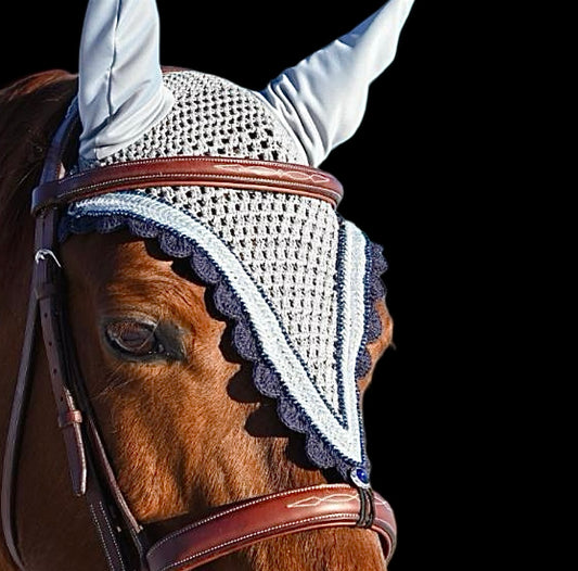 Tiedown Bonnets - Cob - Grey Base/Navy Scallop/2 Navy Crystals/1 Clear Pearl/2 Grey Piping