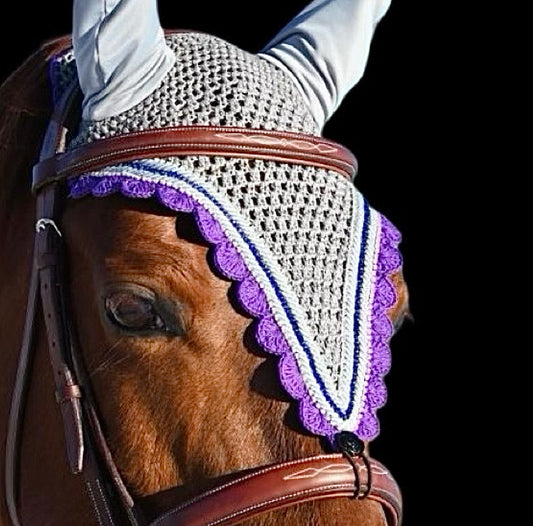 Tiedown Bonnets - Full - Grey Base/Purple Scallops/1 Purple Crystal/2 Clear Bling/2 Grey Piping